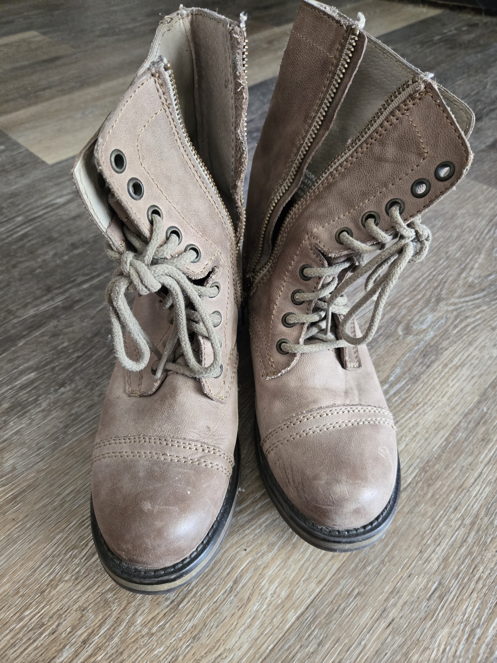 Steve Madden Taupe Lace-Up Combat Boots with Side Zipper